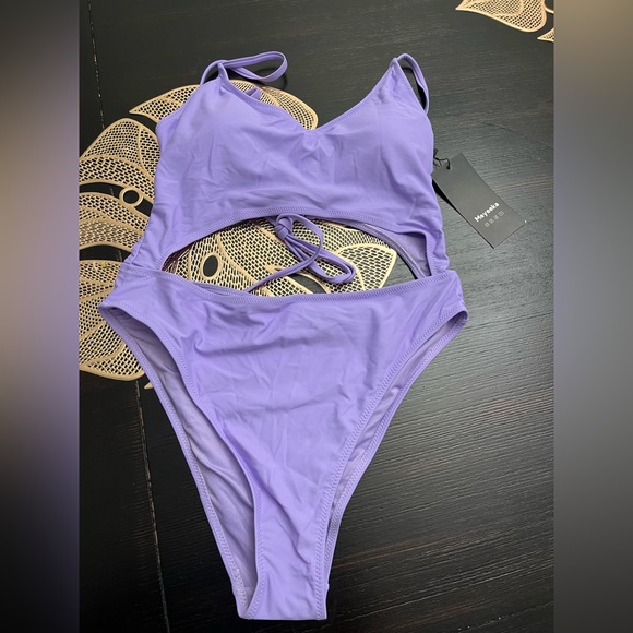 NWT Meyeeka Scoop Neck Cut Out Front Lace Up Back High Cut Monokini One Piece - Picture 6 of 9